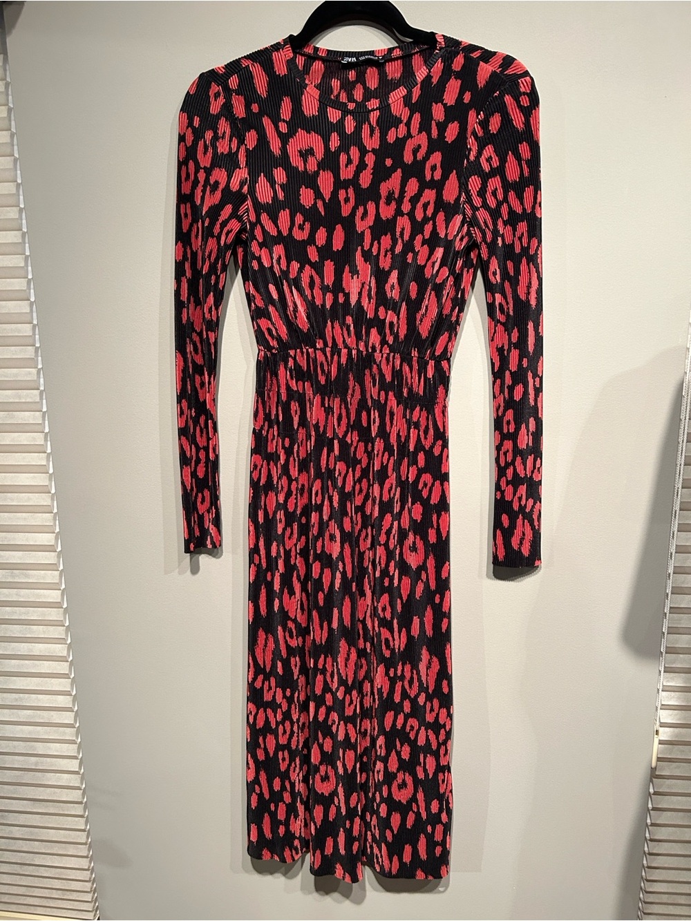 Zara Black and Red Long Sleeve Leopard-Print Midi Dress